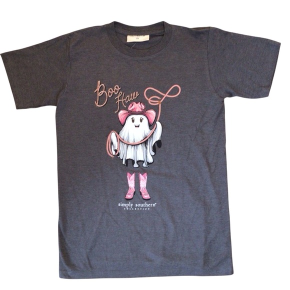 Simply Southern Youth Tee Boo Haw Ghost Cowgirl Hat Pink Boots Halloween Shirt - Picture 2 of 6